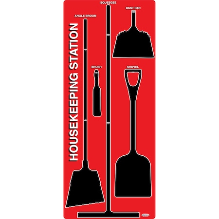 5S Supplies 5S Housekeeping Shadow Board Broom Station Version 5- Red Board / Black Shadows  With Broom HSB-V5-RED-KIT